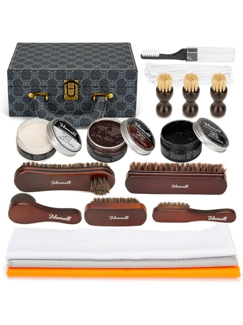 Deluxe 16pc Shoe Care Kit - Polish, Brushes & Cloth for Leather Shoes & Boots